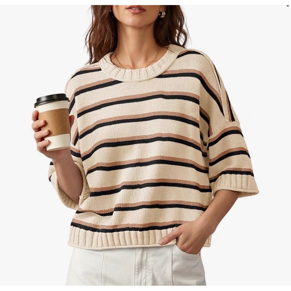 Nirovien Women's Beige & Black Striped Knit Sweater – Short Sleeve – XL – NWT